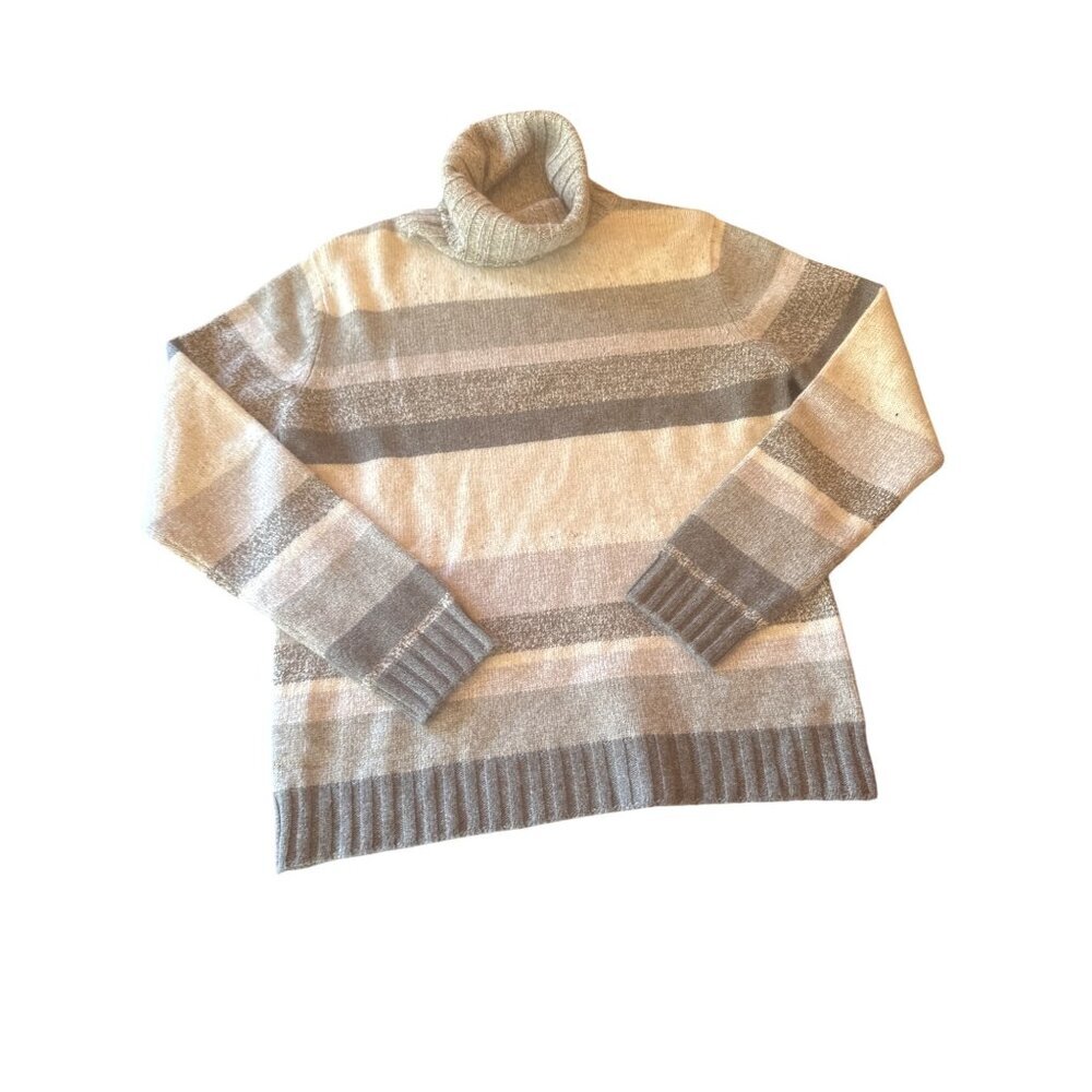 Mariele Waithe By Forte 100% Cashmere Striped Turtleneck Sweater Gray & Beige M